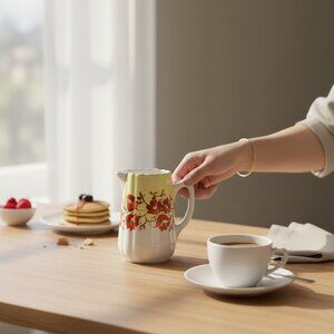 VTG Japan Miniature Creamer Pitcher White and Yellow w/Red Florals CottageCore